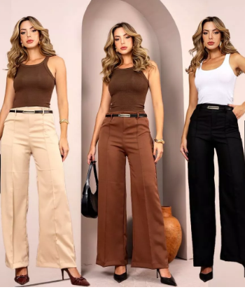 Kit 3 Calças Pantalona Alfaiataria Feminina